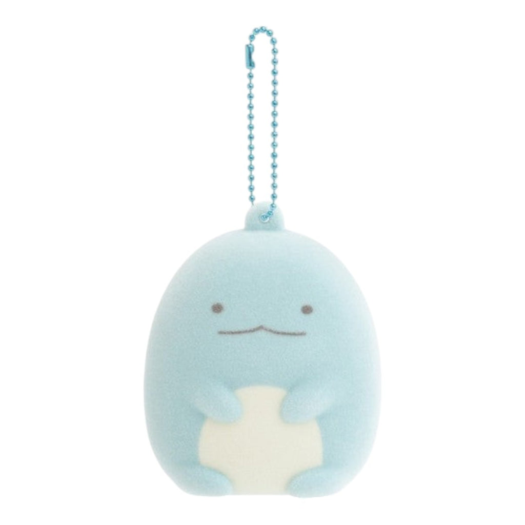 Twinkle Glory San-X Sumikko Gurashi Tokage flocked keychain in light blue with a soft velvety finish and ball chain