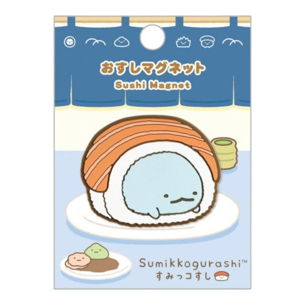 Twinkle Glory San-X Sumikko Gurashi Tokage rubber magnet featuring the blue lizard character as a sushi roll