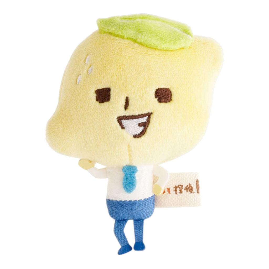 Twinkle Glory San-X Tomanto the Liar Detective plush toy featuring a yellow lemon head, blue pants, and a tie.