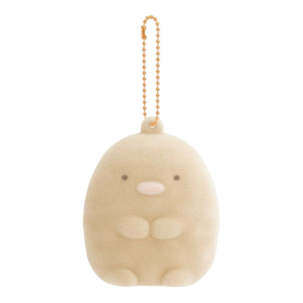 Twinkle Glory San-X Sumikko Gurashi Tonkatsu flocked keychain with a soft beige velvety texture and gold ball chain