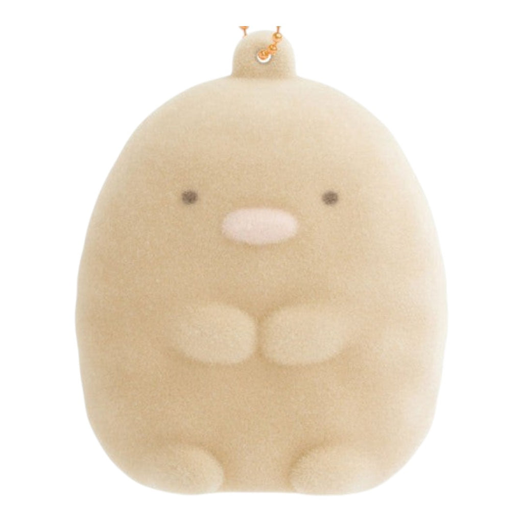Twinkle Glory San-X Sumikko Gurashi Tonkatsu flocked keychain with a soft beige velvety texture and ball chain