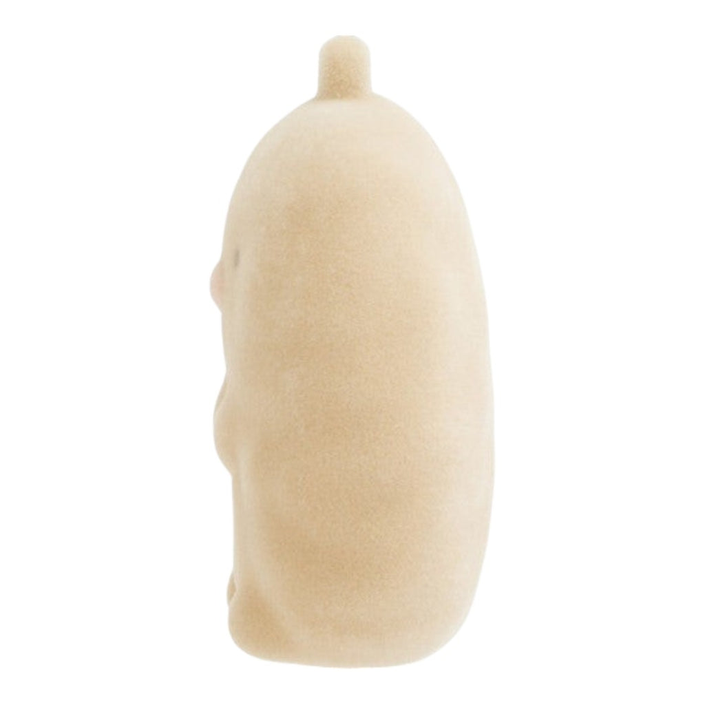 Twinkle Glory San-X Sumikko Gurashi Tonkatsu flocked keychain in beige with a soft velvety texture, side view.