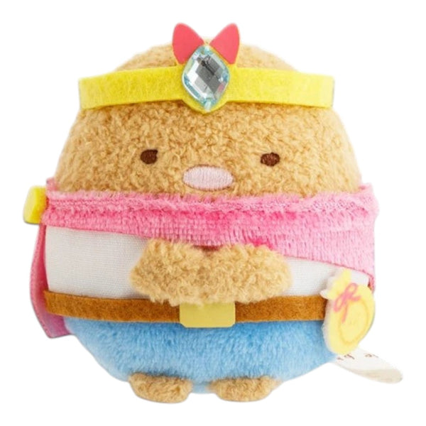 Twinkle Glory San-X Sumikko Gurashi Tonkatsu plush wearing a yellow crown and pink cape from Kingdom of the Sky