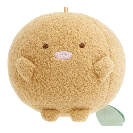 Twinkle Glory San-X Sumikko Gurashi Tonkatsu round plush with a hanging strap, made of soft tan polyester fabric.