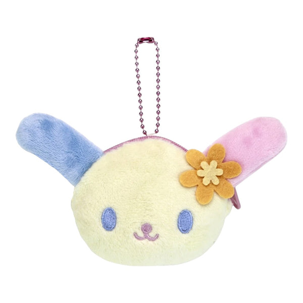 Twinkle Glory Usahana plush coin purse with blue and pink ears, yellow flower detail, and a metal ball chain.