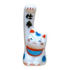 Twinkle Glory white porcelain Maneki-neko lucky cat figurine with blue and orange accents and Japanese calligraphy