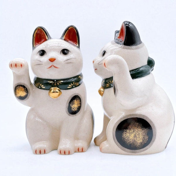 Twinkle Glory Yakushigama ceramic lucky cats with green chrysanthemum collars and golden bells in front and side view