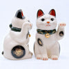 Twinkle Glory Yakushigama ceramic lucky cats with hand-painted chrysanthemum green collars and golden bells