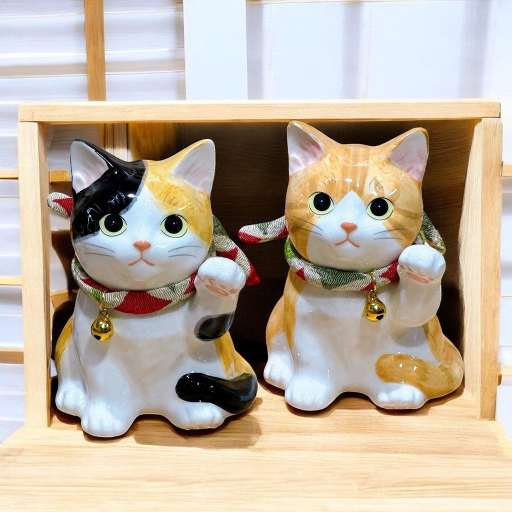 Twinkle Glory Yakushigama porcelain Maneki Neko cat figurines in tricolour and tiger patterns with gold bells