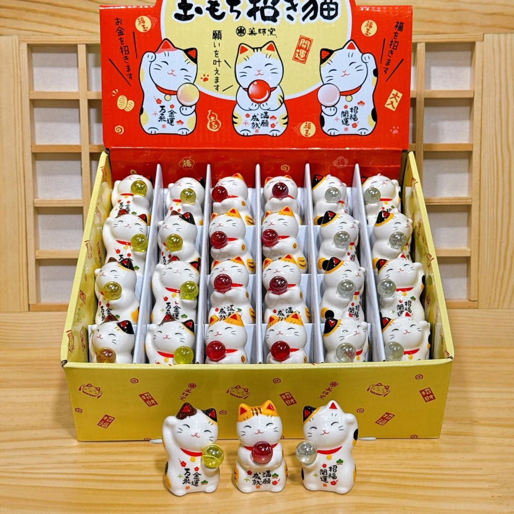 Twinkle Glory Yakushigama porcelain lucky cat figurines with colorful glass balls in a decorative display box