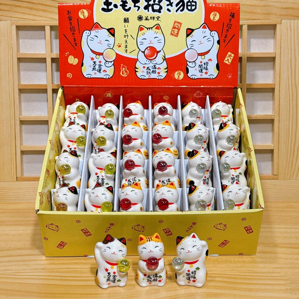 Twinkle Glory Yakushigama porcelain lucky cat figurines with colorful glass balls in a decorative display box