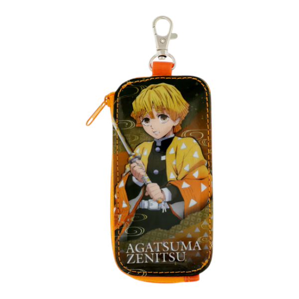 Twinkle Glory Demon Slayer Zenitsu key case with retractable reel, featuring yellow and orange PVC polyester design.