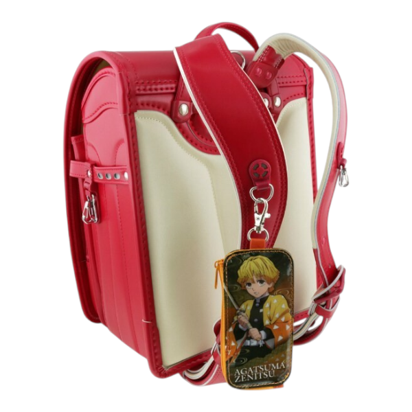 Twinkle Glory Demon Slayer Zenitsu PVC polyester key case with retractable reel attached to a red and cream backpack