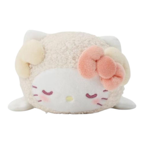 Twinkle Glory Hello Kitty plush pen case in a fluffy cream sheep design with a soft pink bow and sleeping expression.