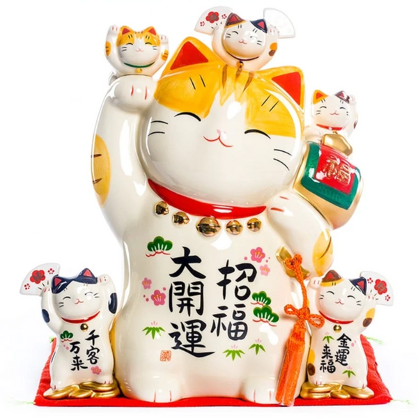 Yakushigama Lucky Cat Piggy Bank with Five Kitten Buddies