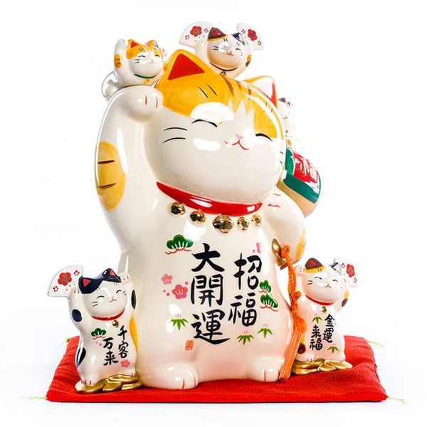 Yakushigama Lucky Cat Piggy Bank with Five Kitten Buddies