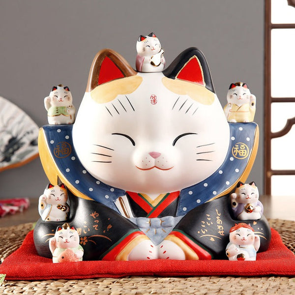 Yakushigama Lucky Cat Piggy Bank With Seven Lucky Kittens