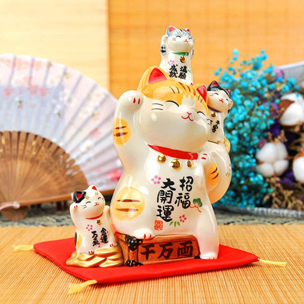 Yakushigama Lucky Cat Piggy Bank With Three Kitten Buddies