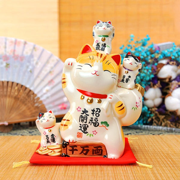 Yakushigama Lucky Cat Piggy Bank With Three Kitten Buddies