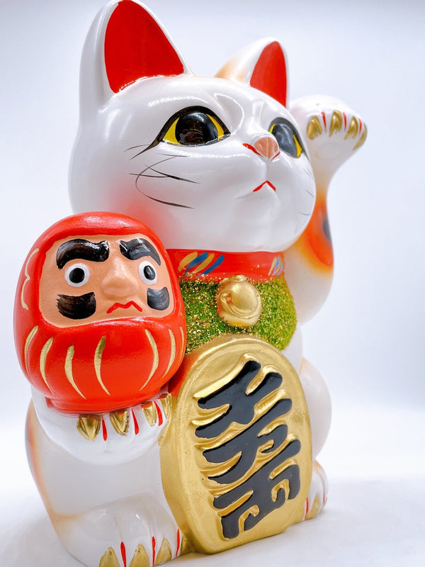 Tokoname yaki Japanese Lucky cat with Daruma Doll