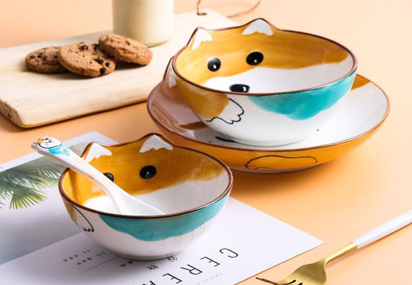 Two shiba design dog shaped bowl with spoon