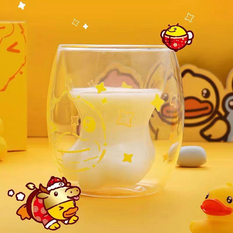 one-B.Duck-printed-double-layered-glass-mug-with milk