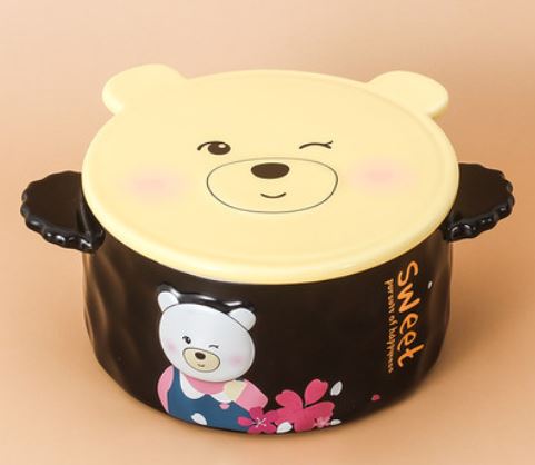 Black Cartoon Bear Ceramic Bowl with Lid