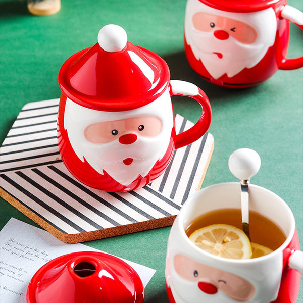 Christmas Santa Claus Ceramic Mug With Lid And Spoon