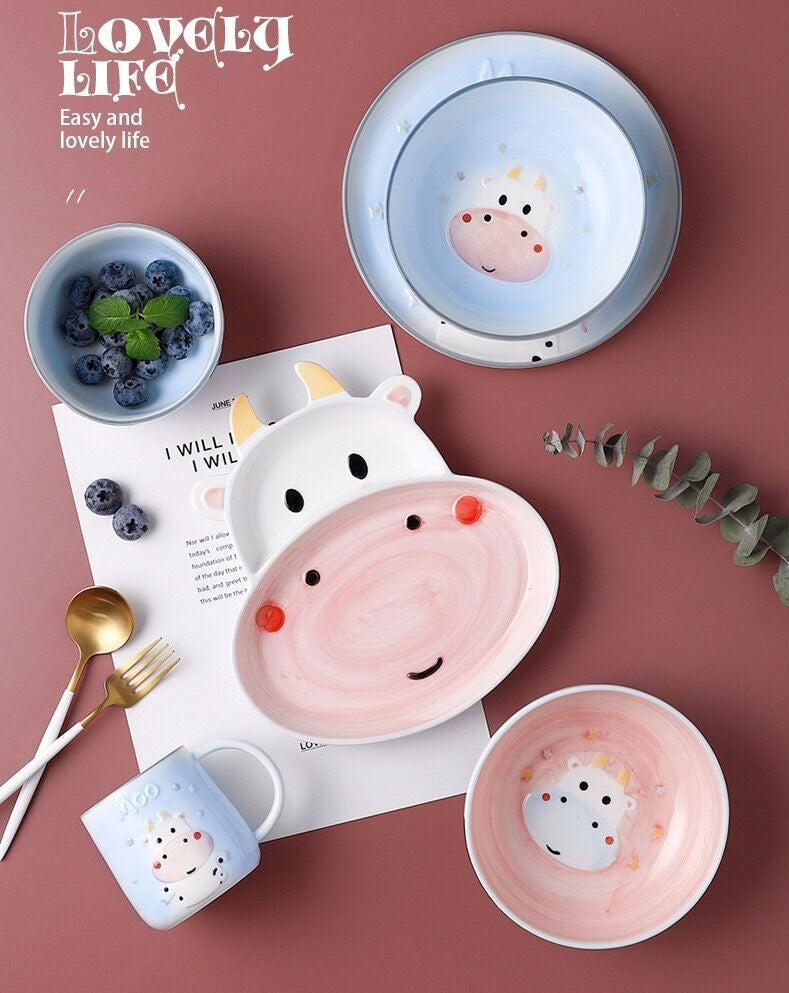 Cute Cow Design Cartoon Animal Shape Dinnerware Set