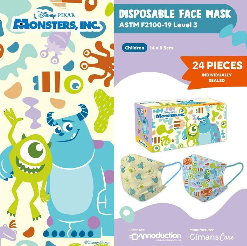 A box of  Disneyt Monster Inc 24pcs 3Ply disposable face masks for children