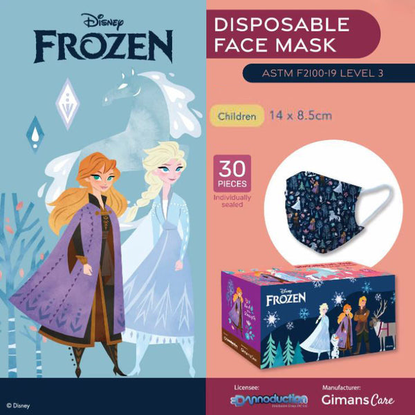 30 Navy colour children's 3ply disposable masks with Disney Frozen characters in a box.