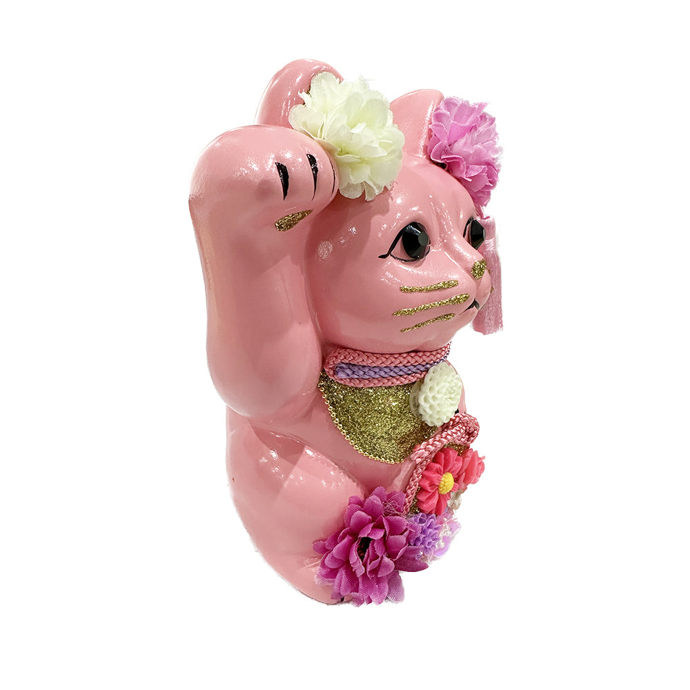 Goenneko Japanese Pink Lucky Cat with Flowers