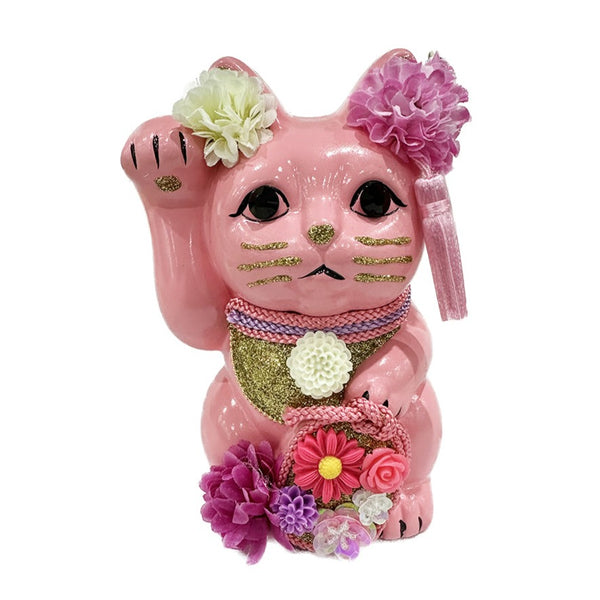 Goenneko Japanese Pink Lucky Cat with Flowers