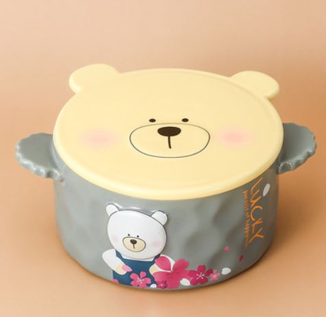 Grey Cartoon Bear Ceramic Bowl with Lid