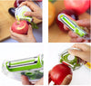 Green 3 in 1 kitchen peeler peeling an apple and tomato