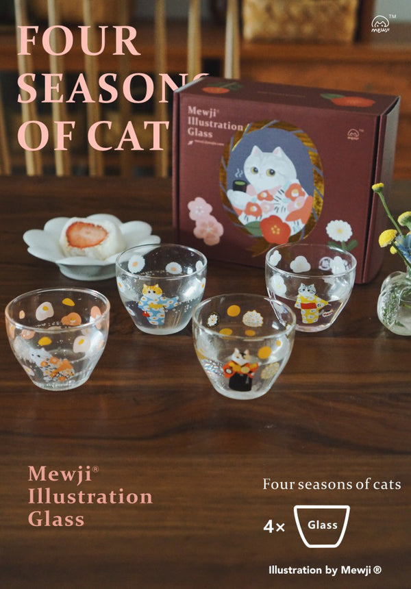 Mewji Illustration Glass "Four Seasons of Cats" Small Wine Cup Gift Box
