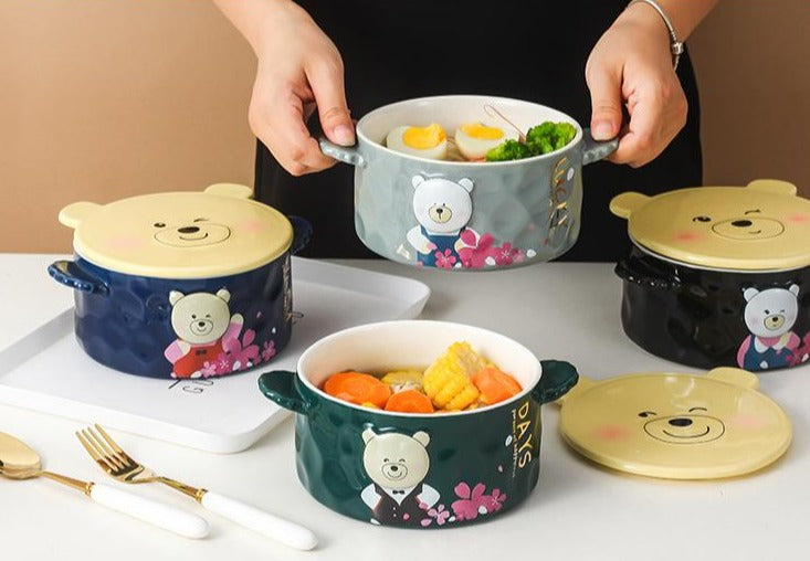 A variety of Cartoon Bear Ceramic Bowls holding meals and soups