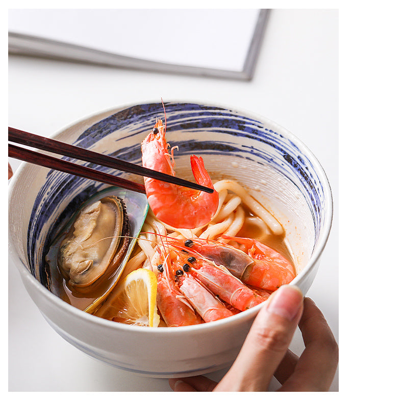 Shrimp seafood noodle meal inside a Japanese Porcelain Serving Bowl