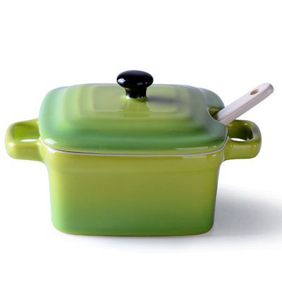 Green Ceramic Condiment Set with Lid and Spoon