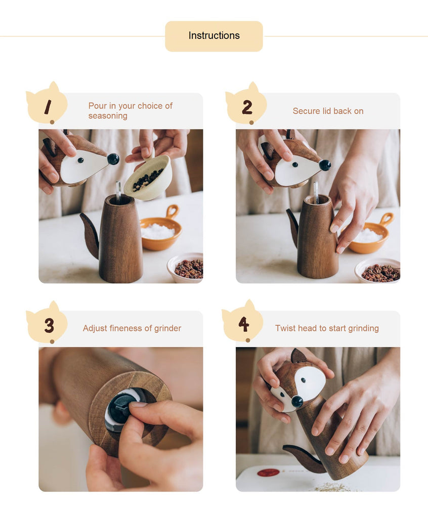 4 step setup instructions for a Animal Wooden Manual Seasoning Grinder