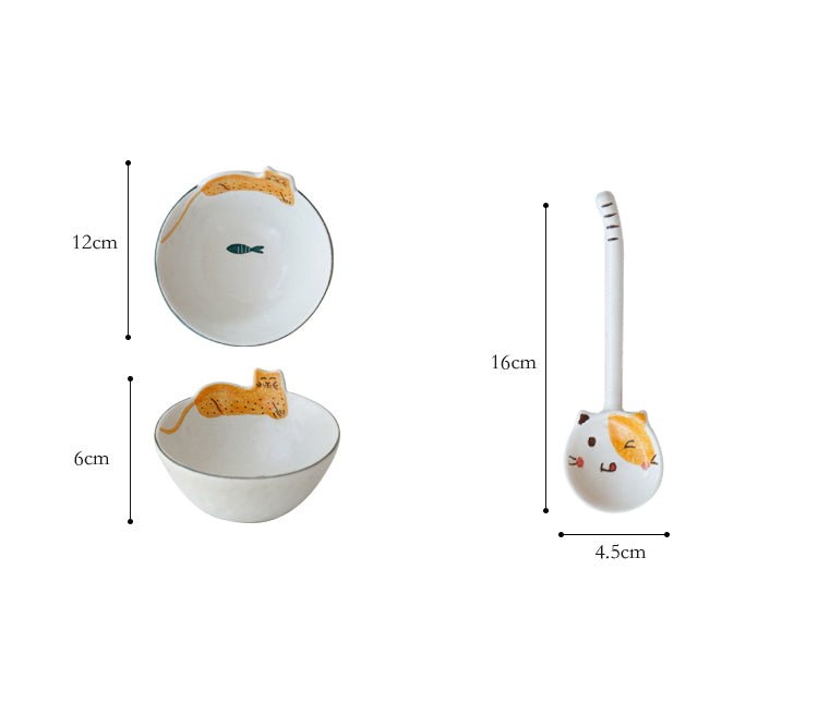 Cat Ceramic Bowl Set dimension sheet, 12 x 6.0 cm (bowl), 16 x 4.5 cm (spoon)