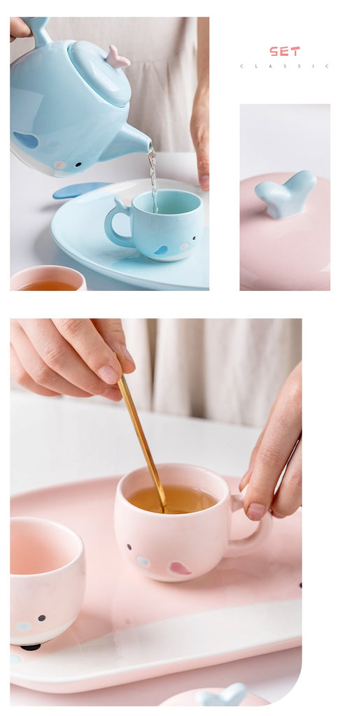 Pink and Blue Cute Sea Creature Ceramic Tea Sets in use