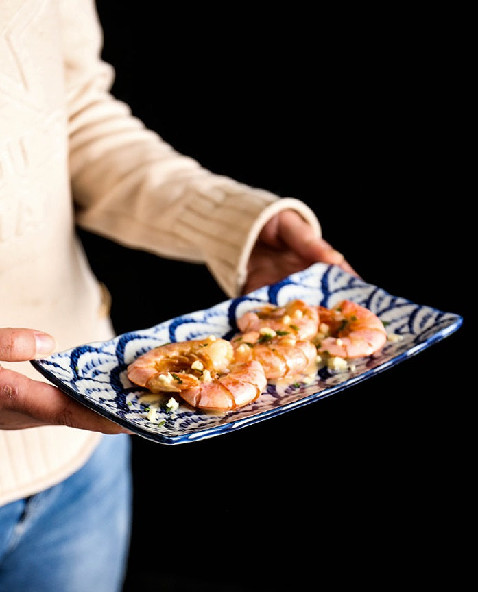 Cooked prawns on a Japanese Hand Painted Rectangular Plate