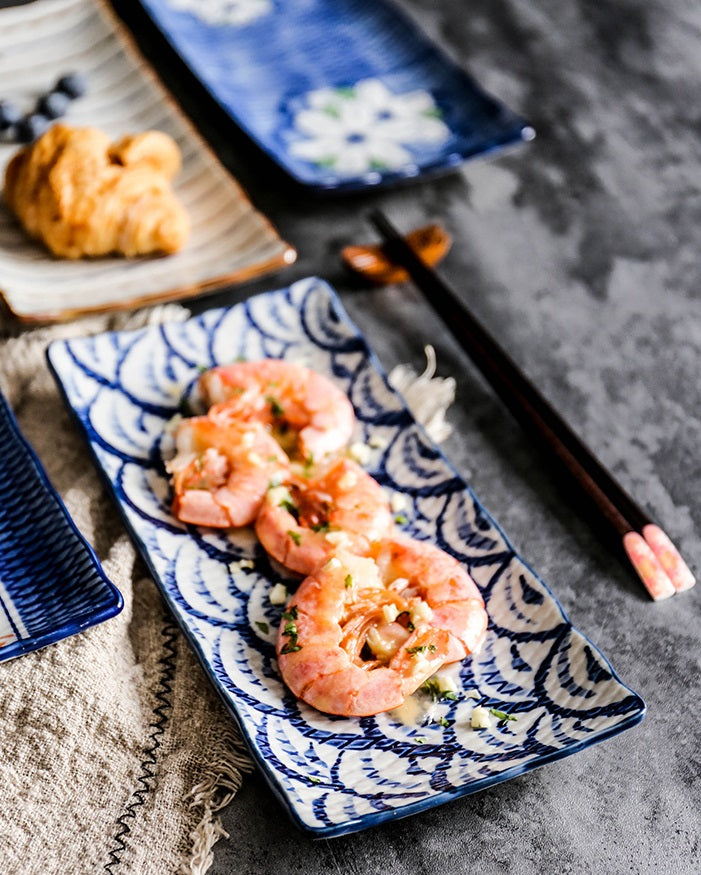 Cooked prawns on a Japanese Hand Painted Rectangular Plate
