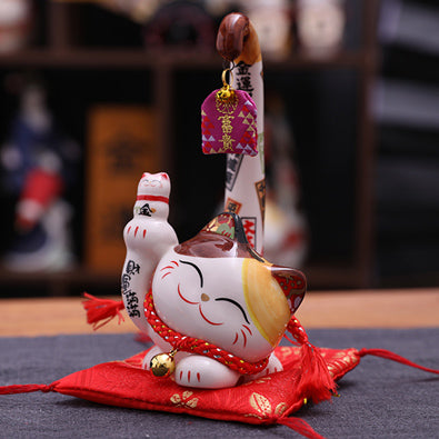 Jinshi Long Tail Lucky Cat Right Hand Up with Little Lucky Cat 16cm