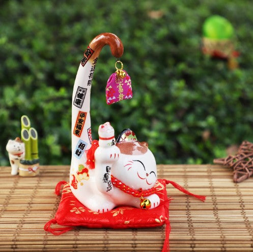 Jinshi Long Tail Lucky Cat Right Hand Up with Little Lucky Cat 16cm