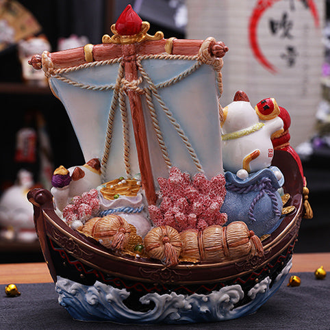 Jinshi Lucky Cat Seven Deities of Good Luck Treasure Ship 25cm