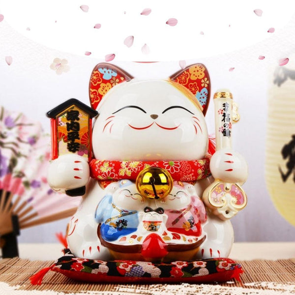 Jinshi Ceramic White Lucky Cat Piggy Bank With Key 25cm