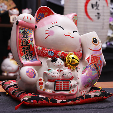 Jinshi Pink Luck Cat Piggy Bank with Koi 26.5cm