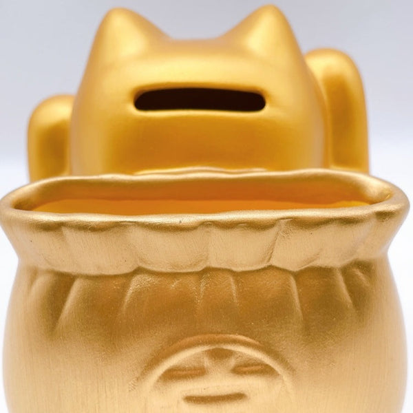 Yakushigama Japanese Painted Gold Color Lucky Cat Piggy Bank